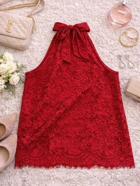 J. Crew Red Lace Halter Top | Tie Back | Size M